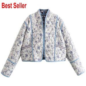 Quilted Cropped Puffer Jacket Lightweight Open Front Winter Coat Chic